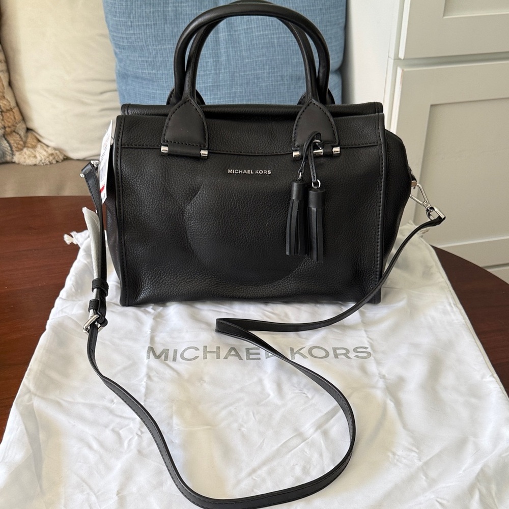 Michael Kors Black Pebbled Leather Satchel with Tassel Charm